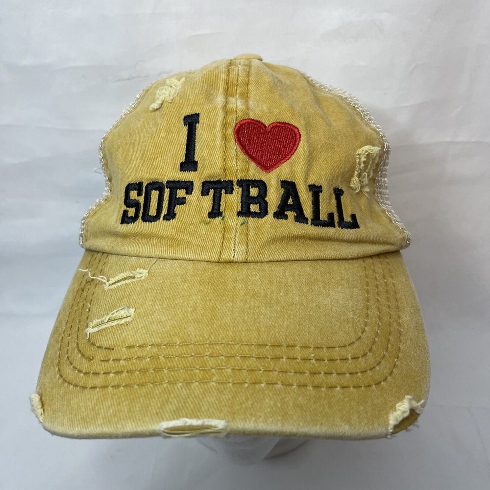 Women’s “I love Softball” Red Heart Softball Distressed yellow cap hat